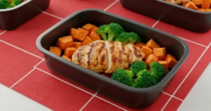 Marmita de Frango grelhado com batata-doce e brócolis