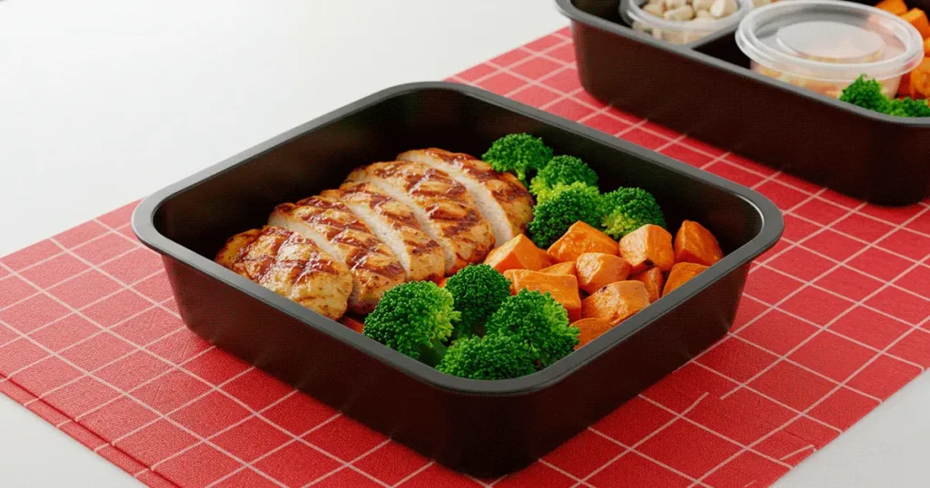 Marmita de Frango grelhado com batata-doce e brócolis