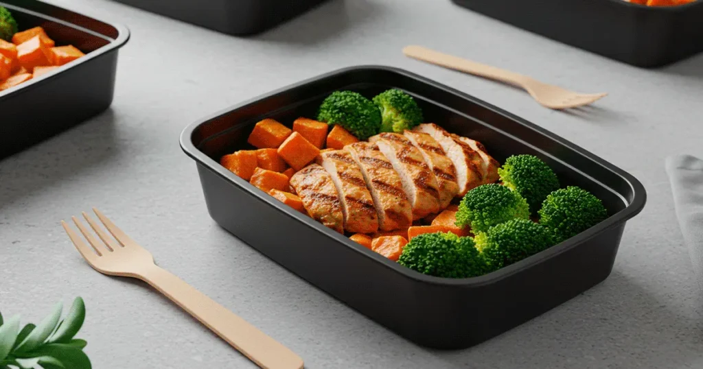 Marmita de Frango grelhado com batata-doce e brócolis